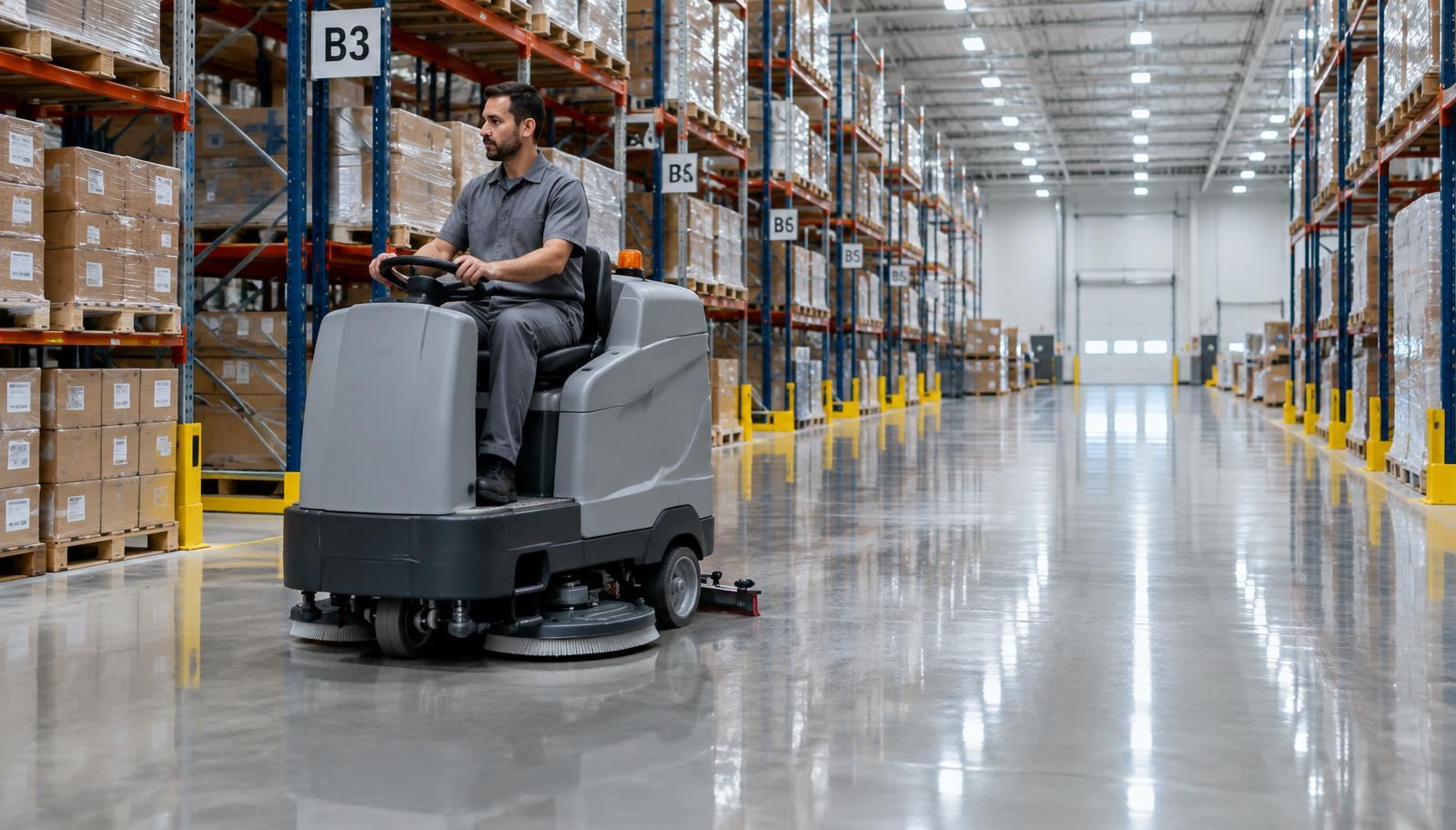 Industrial floor scrubber cleaning a warehouse aisle