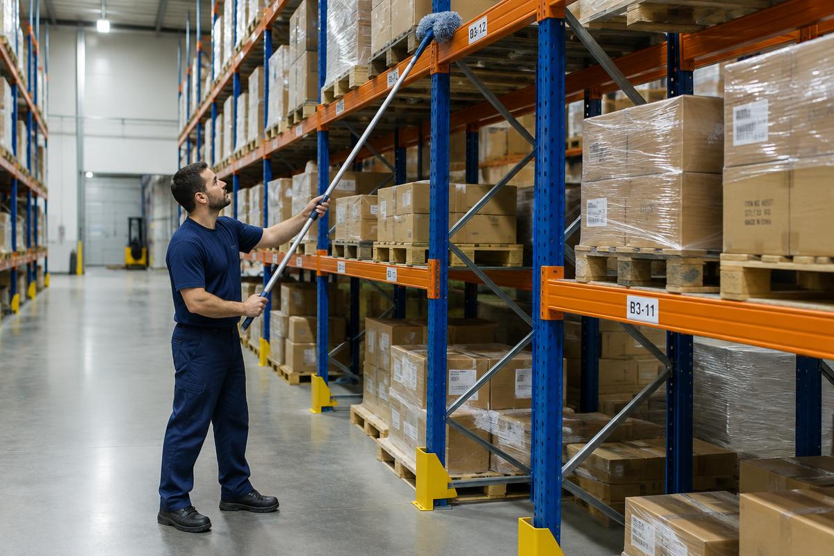 Warehouse racking being dusted with a long-reach tool
